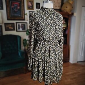 Sadie & Sage Mini Dress Daisy Mock Neck Long Sleeve Floral Ruffle Black Size M